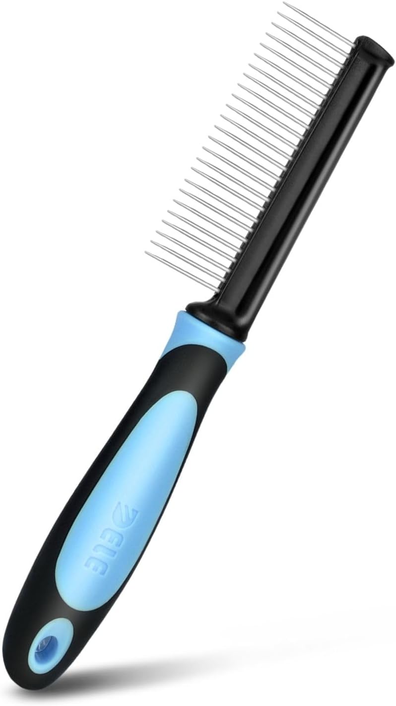 Flexzion Metal Pet Comb for Cats & Dogs - Sturdy Stainless Steel Rounded Teeth with Non-Slip Soft Grip Handle Easy to Use Grooming Detangling Cat Combs for Indoor Cats, Blue