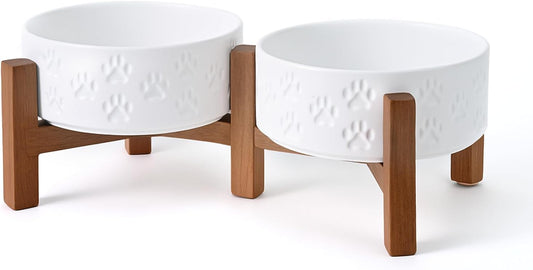 SPUNKYJUNKY Ceramic Elevated Dog Bowl Set with Acacia Wood Stand for Food and Water for Cats and Small Dogs (13.52 OZ, White, Dog Paw Pattern)