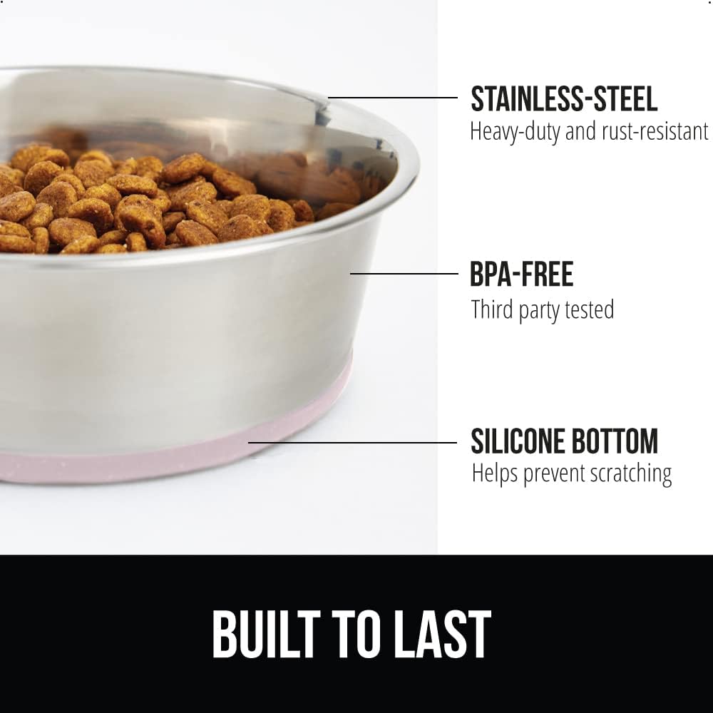 GORILLA GRIP Set of 2 Dog Bowls, Holds 6 Cups (48 fl oz), Heavy Duty Metal Food and Water Bowl for Feeding Dogs and Cats, Dishwasher Safe, Rust Resistant Stainless Steel, BPA Free Rubber Base, Lt Pink