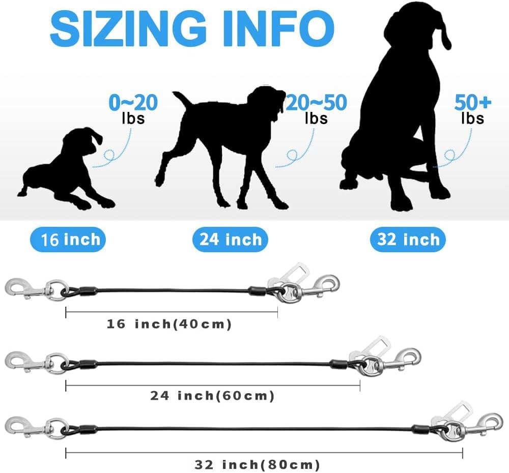 Dog Seat Belt Harness for Car,2pcs Dog Seatbelt of Coated Wire Leash Safety Restraint,No Chew Tether Cable Vehicle Dog Accessories,Double Clips & Latch (2 Pack Black, 16 inch/40 CM)