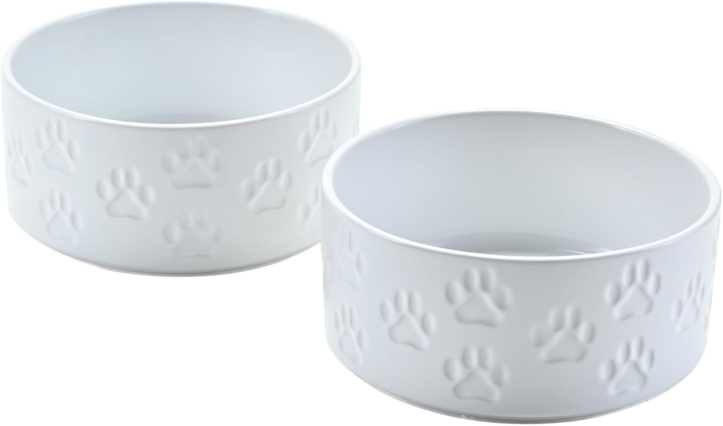 SPUNKYJUNKY Ceramic Dog and Cat Bowls 2 Pack, 5.1'' Dog and Cat Food Water Double Feeding Bowls Non-Slip for Cats and Puppy Small Sized Breed Dogs Microwave Dishwasher Safe - 13.5 OZ, 2pcs, Paw White
