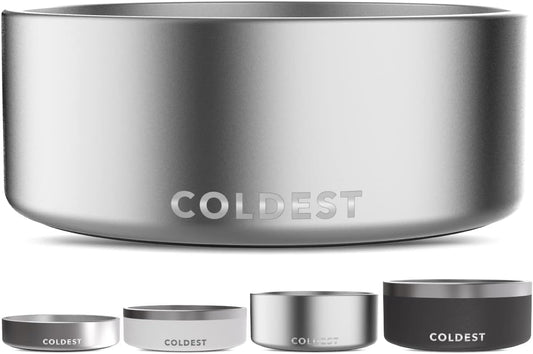 Coldest Dog Bowl - Anti Rust Metal, Non Slip, 3 Layers Insulated Stainless Steel Dog Bowls - Spill Proof & Heavy Duty - Water Bowl for Dogs, Cats, Dish Washer Safe (64 oz, Polished Stainless Steel)