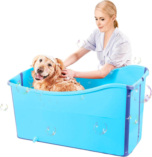 Portable Dog Bathtub for Large Dogs - 48.4Gal Foldable Pet Wash Station with Drain Plug, Insulated & Non-Slip Design for Indoor/Outdoor Bathing, Grooming, Camping（Blue）
