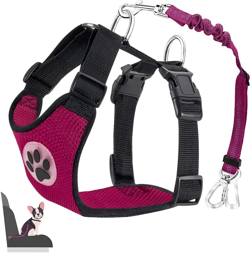 Lukovee Dog Seat Belt for Car, Adjustable Dog Car Harness for Large Medium Small Dogs, Soft Padded & Breathable Mesh Dog Seatbelt with Car Strap and Carabiner(Rose Double Clip,XXX-Small)