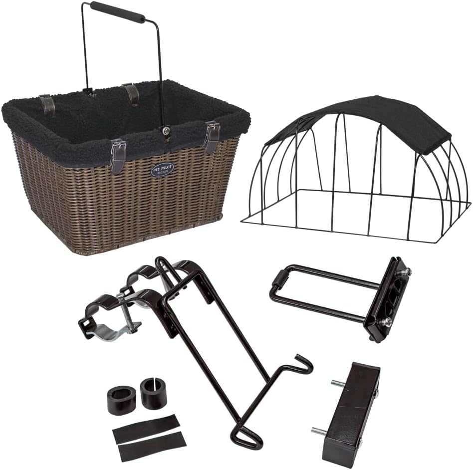 Travelin K9 Pet-Pilot MAX Wicker Bike Basket for Dogs/Cats - Includes Wire Cage Top w/Sun Shade + Plush Removable Padded Liner