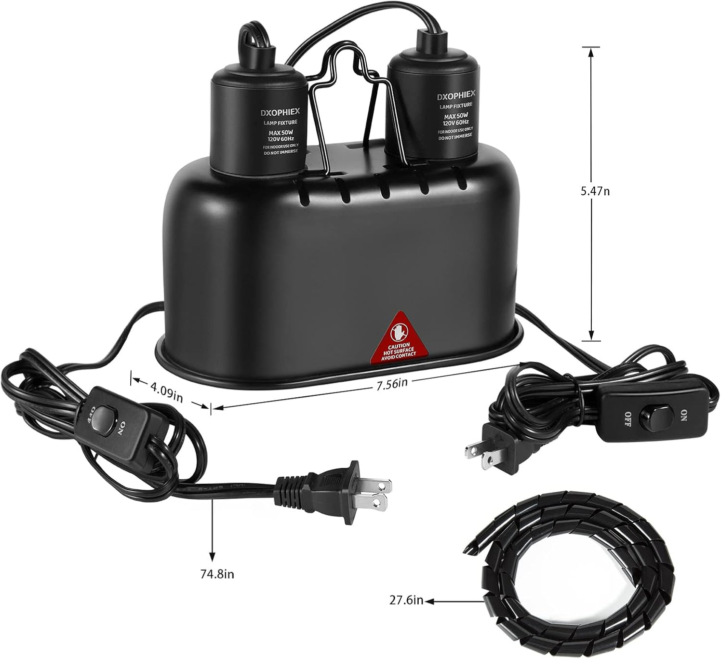 DXOPHIEX Nano Reptile Heat Lamp Fixture, Dual Reptile Light Fixture with 60W Basking Bulb & Infrared Bulb for Bearded Dragon, Turtles, Snake and Lizard Terrarium