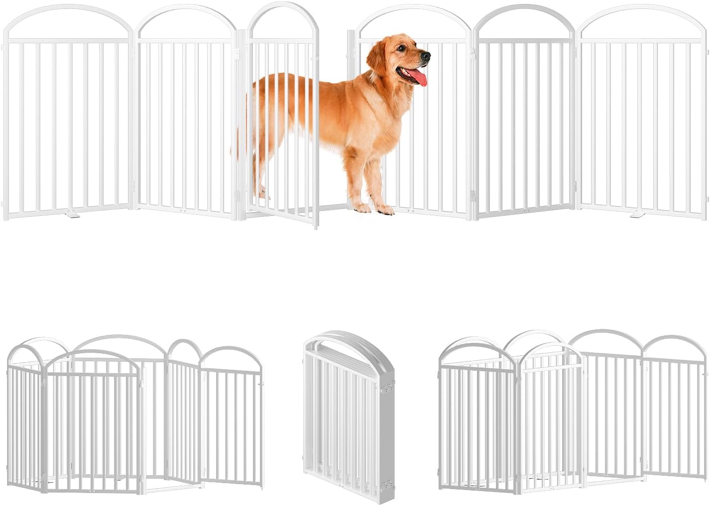 6 Panles Full Matel Freestanding Dog Gates with Door, 144"Extra Wide 32"Tall Free Standing Dog Pet Gate for Indoor & Outdoor. Foldable Pet Fences for Doorways, House, Stairs, Porch, Deck, Yard