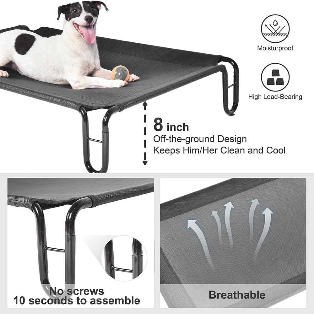 pettycare Elevated Outdoor Dog Bed - Raised Bed for Large Dogs, Waterproof Cot Easy to Assemble, Cooling Elevated Cot with Breathable Teslin Mesh, Durable, Non Slip, Up to 65 lbs,Black
