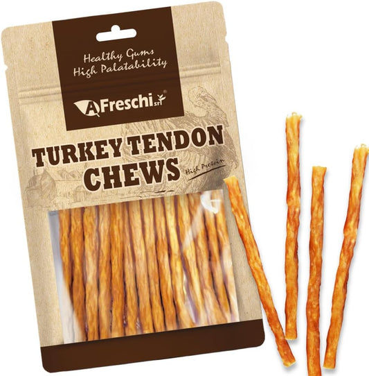 AFreschi Turkey Tendons for Dogs, USA-Sourced, Healthy Dog Treats, Rawhide-Free Puppy Chews, All Natural, Hypoallergenic Dog Treats, Classic Series, Thin Sticks, 3.5 oz Pack