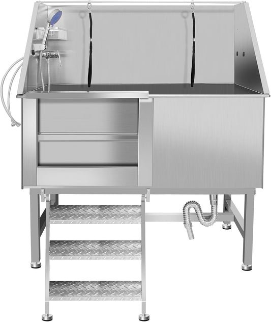 50" Pet Dog Bathing Station W/Ramp, Professional Stainless Steel Dog Grooming Tub W/Storage Drawer, Floor Grate, Faucet, Dog Bathtub For Large,Medium, Small Pets, Washing Sink For Home (50"Left ramp)