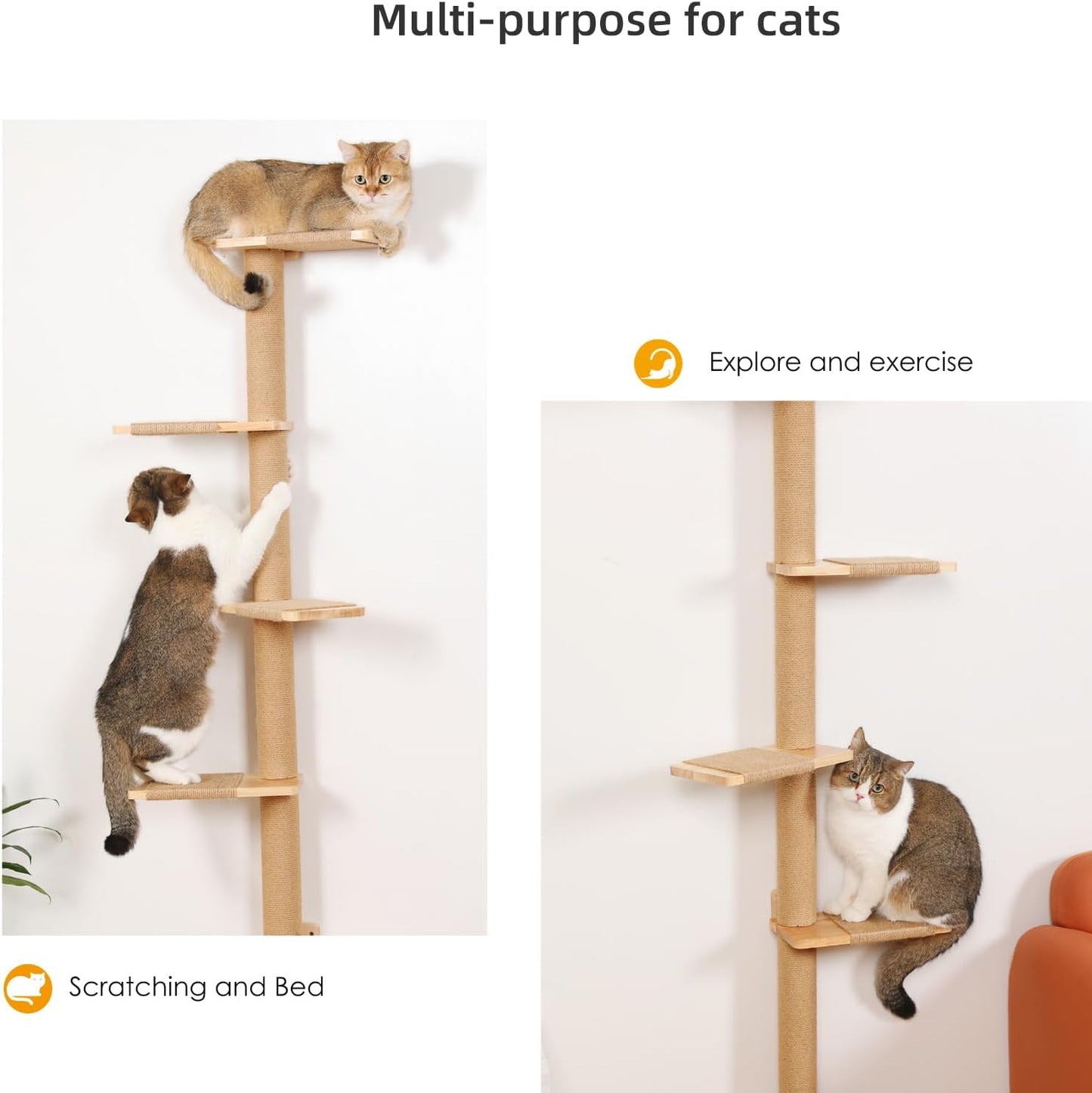 5 Tier Floor to Ceiling Cat Tree Tower with Wall-Mounted Scratching Post, Playful Wall Climbing Shelves for Cats, Ideal for Kittens to Climb, Scratch, and Lookout, Wild Simulation Design