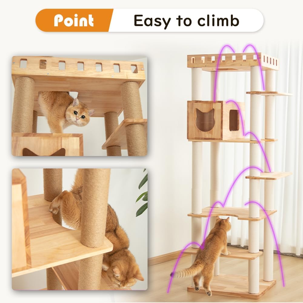 74" Wooden Cat Tree Tower for Large Cats, Multi-Level Cat Climbing Furniture with Scratching Posts, Cat Condo & Hammock, Natural Wood Cat Activity Center (White)