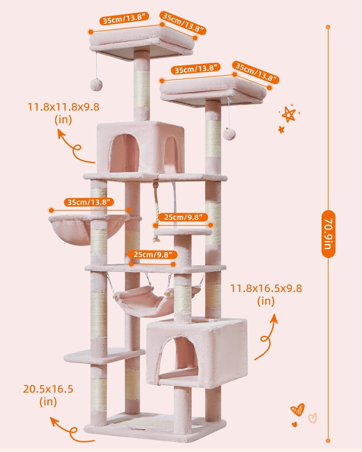 Taoqimiao Cat Tree, 71-Inch Cat Tree Cat Tower for Indoor Cats, Plush Multi-Level Cat Condo with 10 Scratching Posts, 2 Perches,Basket, 2 Caves,Hammock, 2 Pompoms,MS020P Jelly Pink