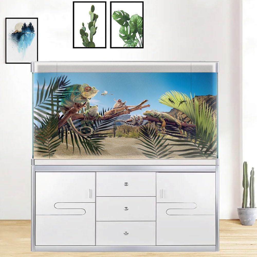 Reptile Habitat Background, Retro Desert Oasis Cactus Terrarium Background 24X16 in Background with 8 EVA Double-Sided Tape