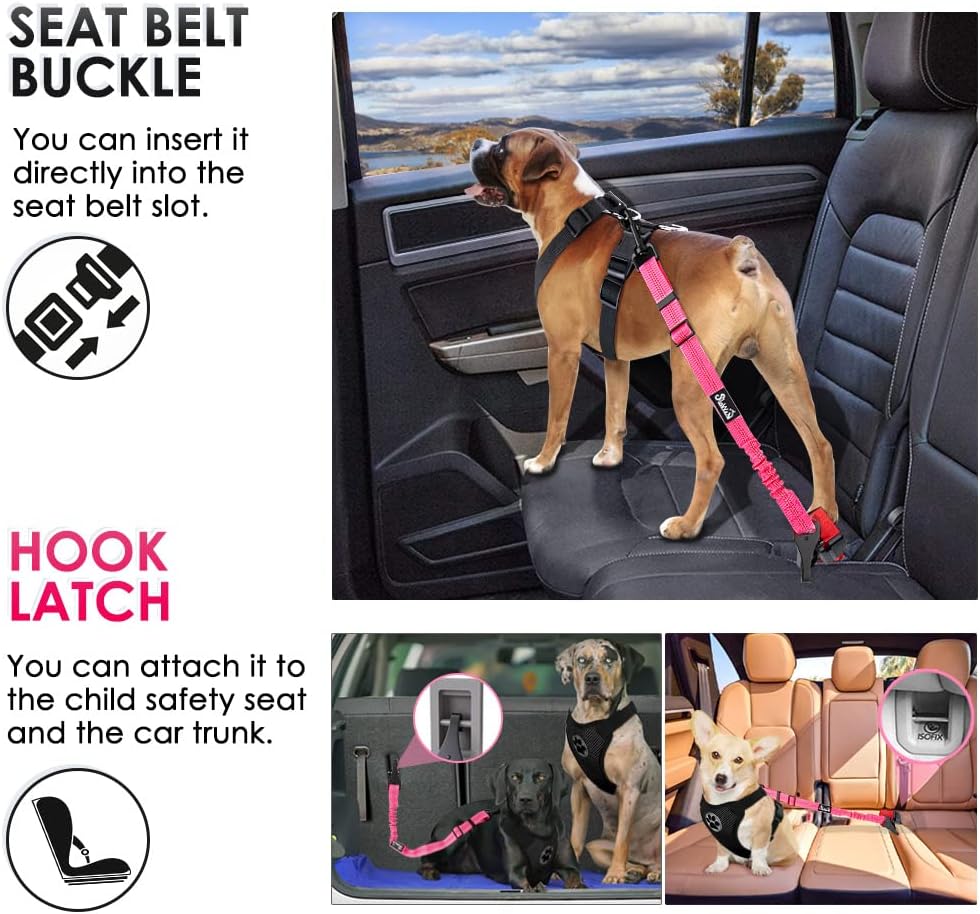 SlowTon 2 Pack Dog Seat Belt, 2 in 1 Attachment, Hook Latch Bar or Seatbelt Buckle with Elastic Nylon Bungee Buffer Adjustable Reflective Nylon Safety Belt Tether Connect to Dog Harness (2pack-FL)