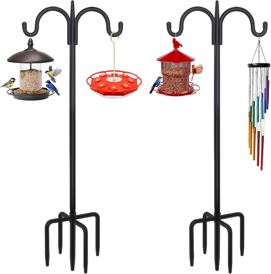 FEED GARDEN Adjustable Double Shepherds Hook for Outdoor with 5 Prong Base 63 Inch Heavy Duty Two Sided Bird Feeder Pole for Hanging Plant Baskets, Solar Light Lanterns, Wind Chimes 2 Pack