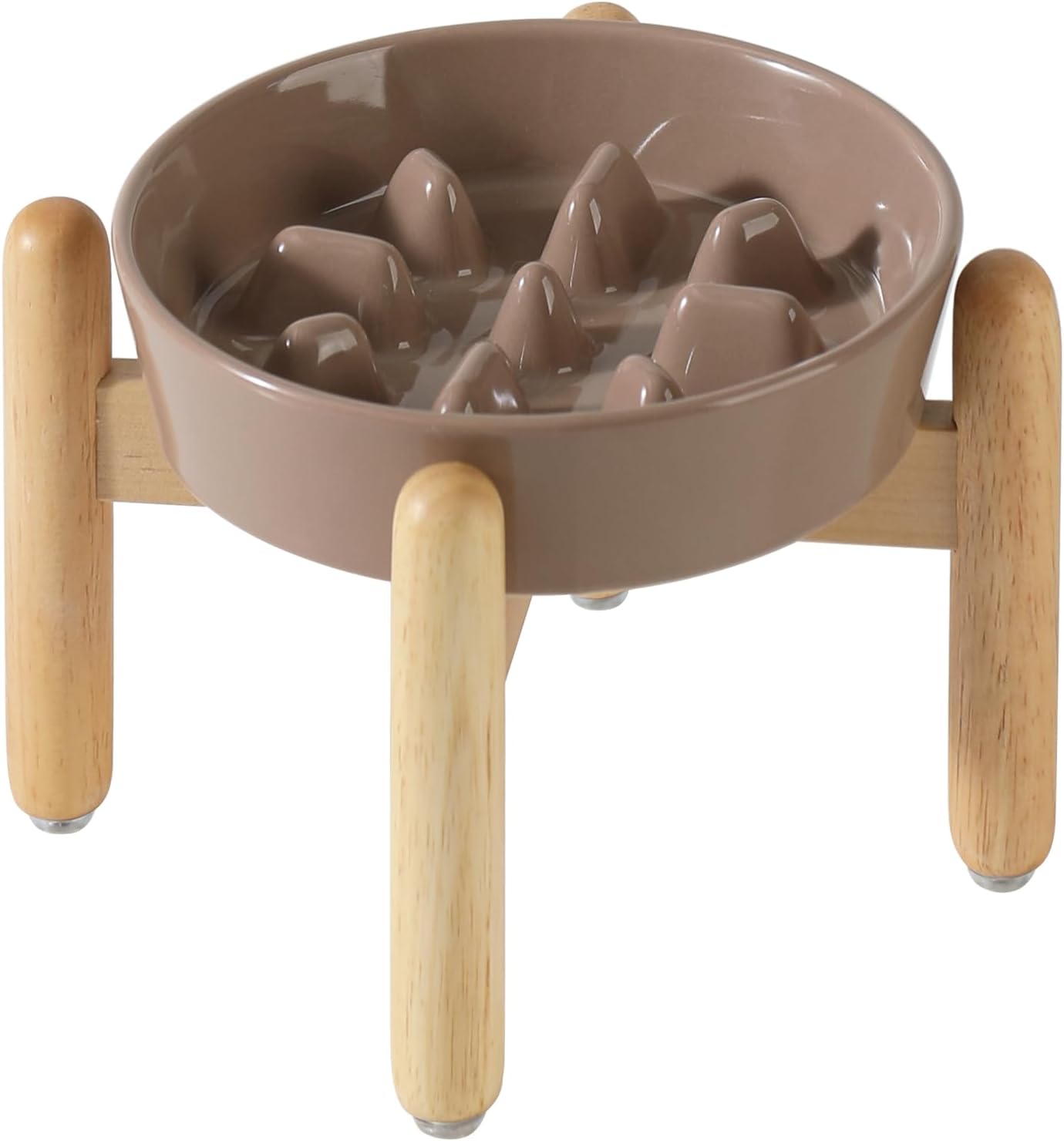 7.3inch Ceramic Dog Raised Slow Feeder Set, Elevated Bowl with Wooden Stand for Medium and Small Dog, Slow Feeder Dish for Fast Easters(Brown Coffee, Single Bowl+ Stand)