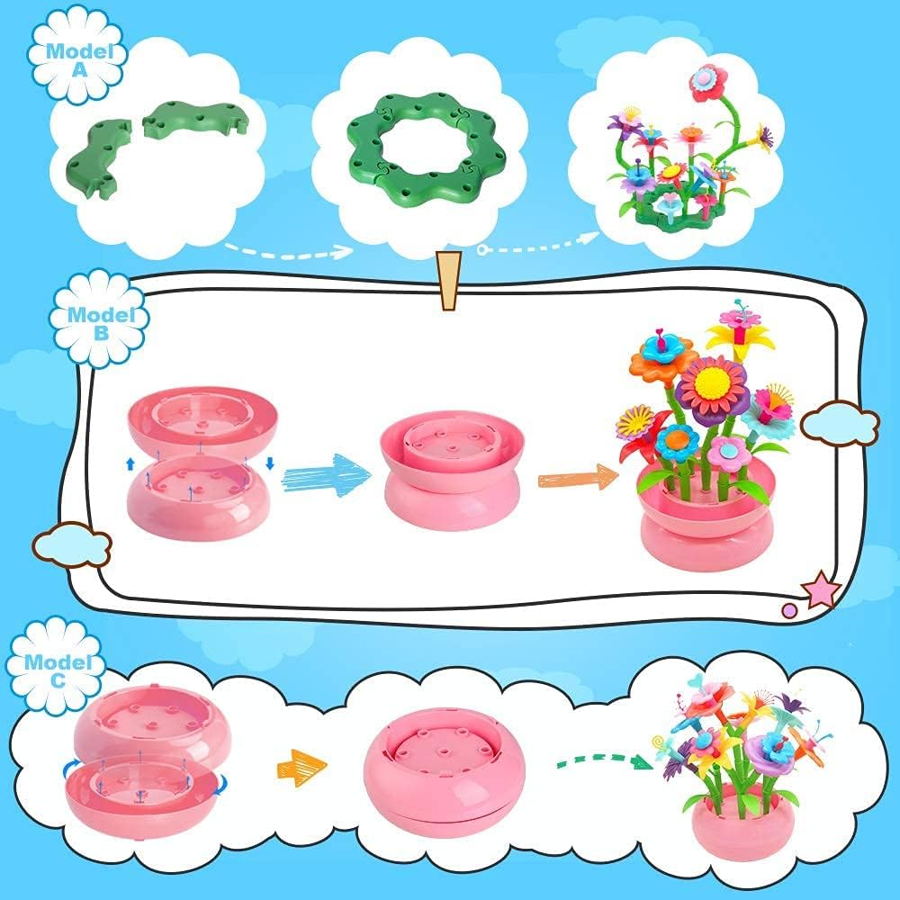 BEMITON Flower Building Toy Set for Girls, Best Birthday Gifts for 3 4 5 6 7 Year Old Kids, Arts and Crafts Kit for Toddlers, STEM Activities and Gardening Pretend Playset, 148 pcs