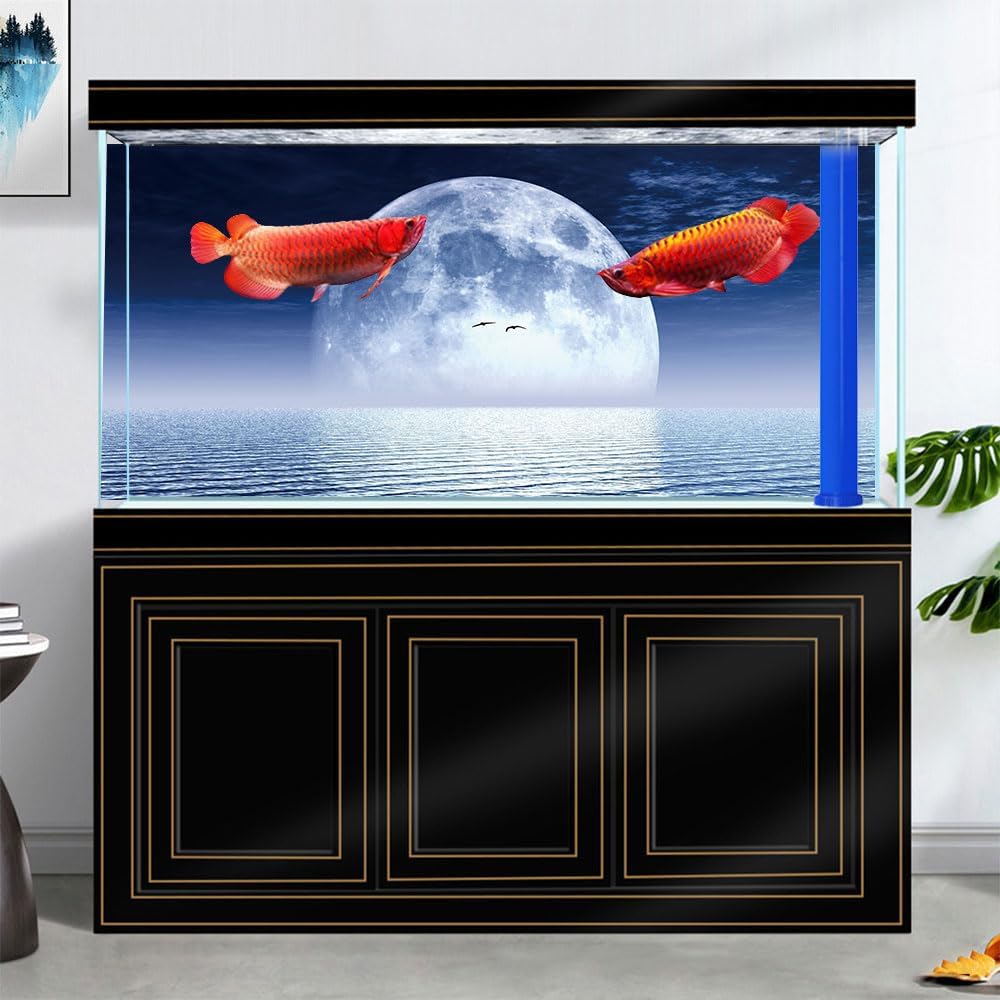 Moon Aquarium Background,Cool Sea Galaxy Parallel Space Themed Fish Tank Background, Cool Terrarium Background 36X24IN with 8 EVA Double-Sided Tape