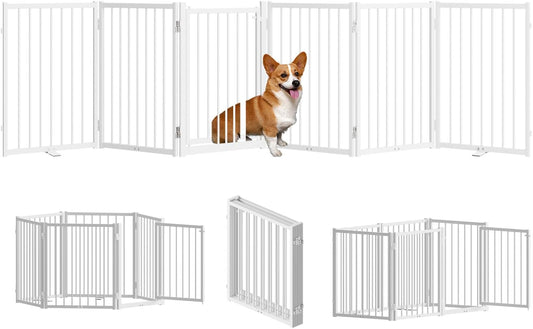 Full Metal Freestanding Dog Gate with Door, 24'' Height Foldable Pet Dog Fence for Indoor & Outdoor, 6 Panels Extra Wide Free Standing SmallDog Gates for Doorways,House,Stairs,Porch,Deck,Yard