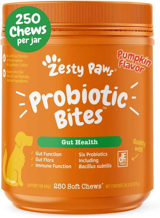 Zesty Paws Probiotics for Dogs, Digestive Enzymes Gut Flora, Digestive Health, Diarrhea & Bowel Support, DE111, Dog Probiotic Soft Chew for Pet Immune System, Pumpkin, 250 Ct