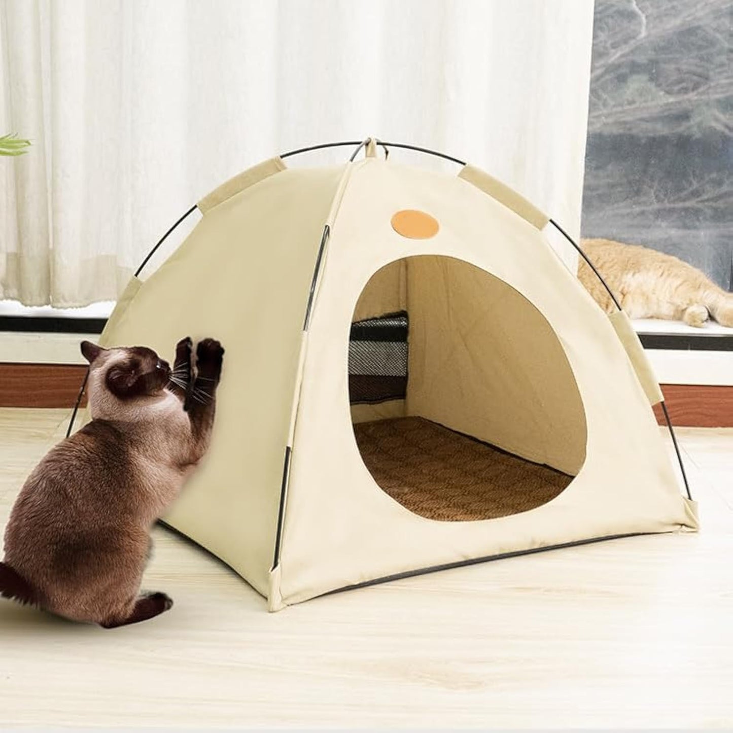 BreezyDen Pop-Up Pet Tent – Portable Indoor/Outdoor Cat Tent, Waterproof Pet Hideaway for Cats & Small Dogs with Mesh Window, Anti-Slip Base & Washable Design (Coffee, M (8 catties Kitten))