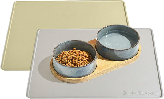 KVK Dog Water Mat 2-Pack 20×16in - Silicone Dog Mats for Food and Water, Non-Slip Pet Feeding Mat for Floors, Waterproof Cat Bowl Mats to Prevent Spills - Silver Gray & Cream