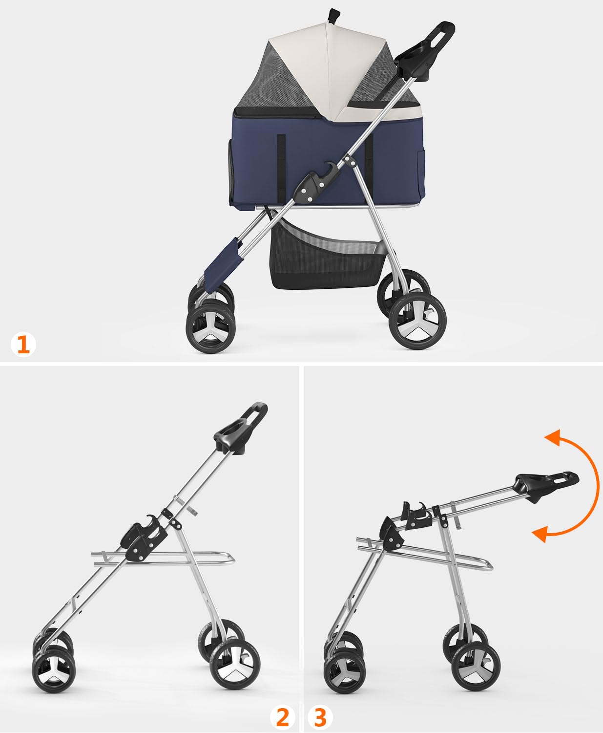 Pet Stroller with 4 Wheels for Small/Medium Pets,Travel Foldable Detachable Carrier for Dog Cat Cage Jogger Stroller, Rear Wheel Breaks, Storage Basket, Visible Mesh Weather Cover (Navy Blue)