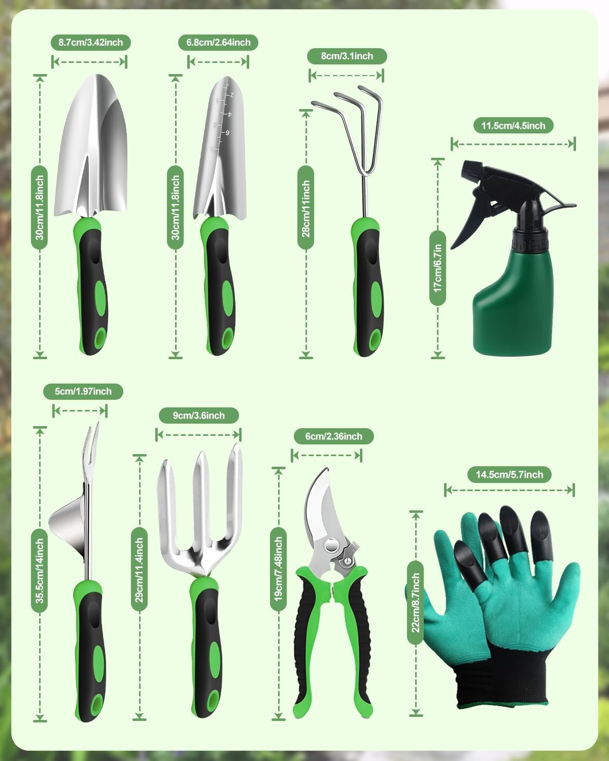 Garden Tools Set, 8 in 1 Heavy Duty Garden Tools Kit, Stainless Steel Ergonomic Gardening Hand Tool with Upgraded Bag, Gardening Supplies Gift for Women, Kid, Organizer