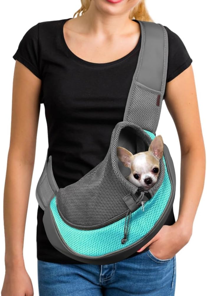 YUDODO Pet Sling Carrier for Small Dogs & Cats – Hands-Free Puppy Carrier with Safety Hook, Large Zipper Pocket, Soft Breathable Mesh, Adjustable Strap & Reflective Strip (Cyan 1.0 M)