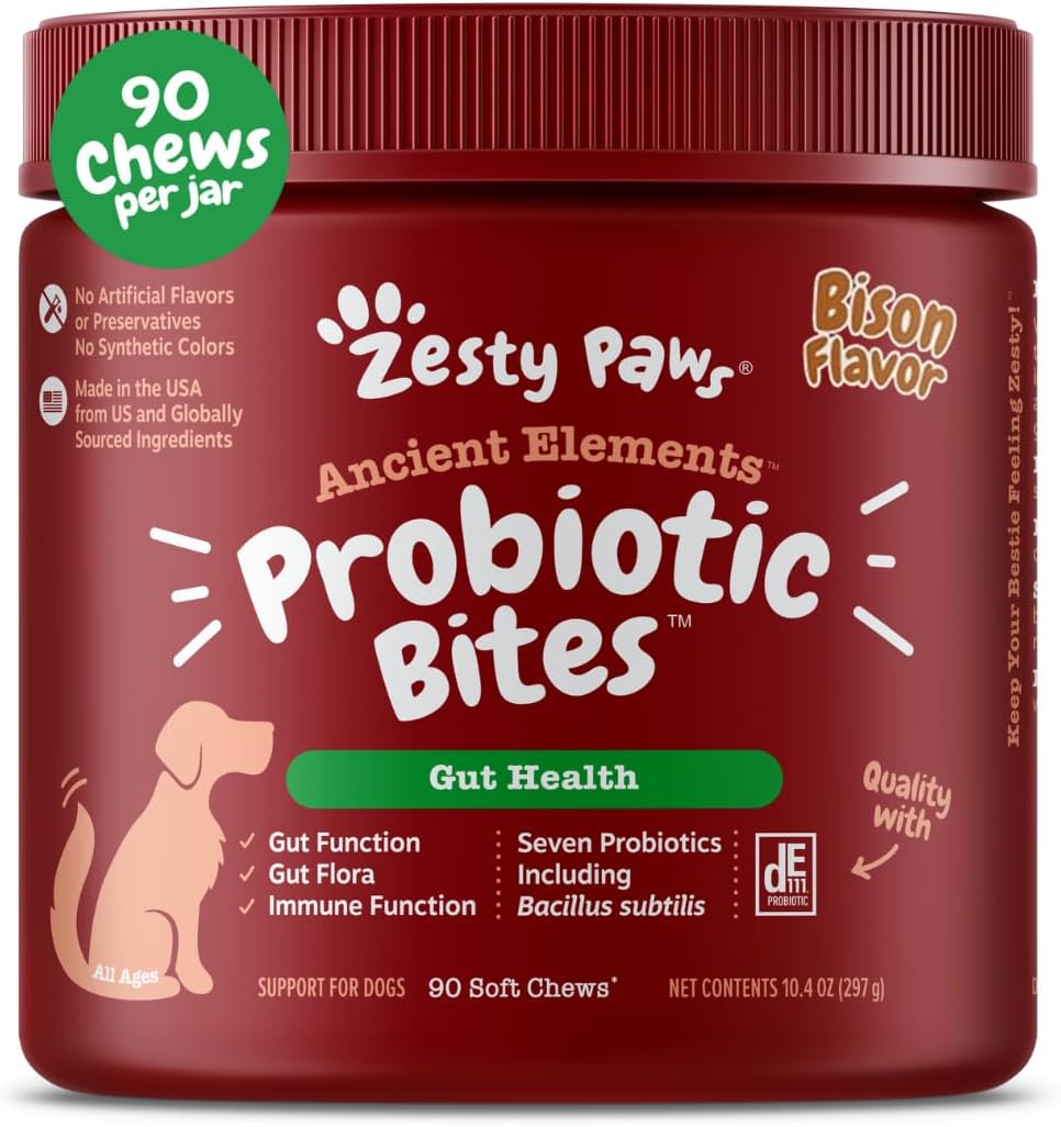 Zesty Paws Probiotics for Dogs, Digestive Enzymes Gut Flora, Digestive Health, Diarrhea & Bowel Support, DE111, Dog Probiotics Soft Chew for Pet Immune System, Chicken, 90 Ct