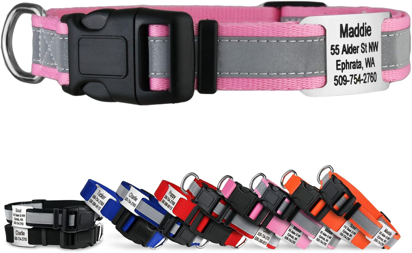 GoTags Reflective Personalized Dog Collar with Nameplate, Adjustable Dog Collar with Custom Engraved Steel Slide On Pet ID Tag, Silent, No Noise Dog Tag for Large Medium or Small (Pink, Small)