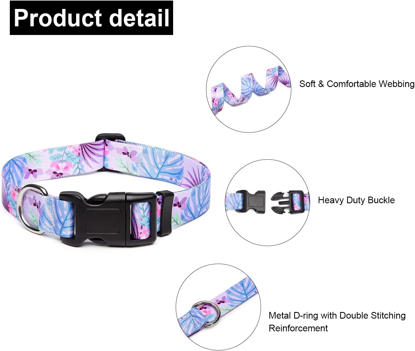 Mercano Adjustable Dog Collar - Special Design Patterns, Soft Nylon Comfortable Sturdy Pet Collar for Small Medium Large Dogs (M, Floral Purple)