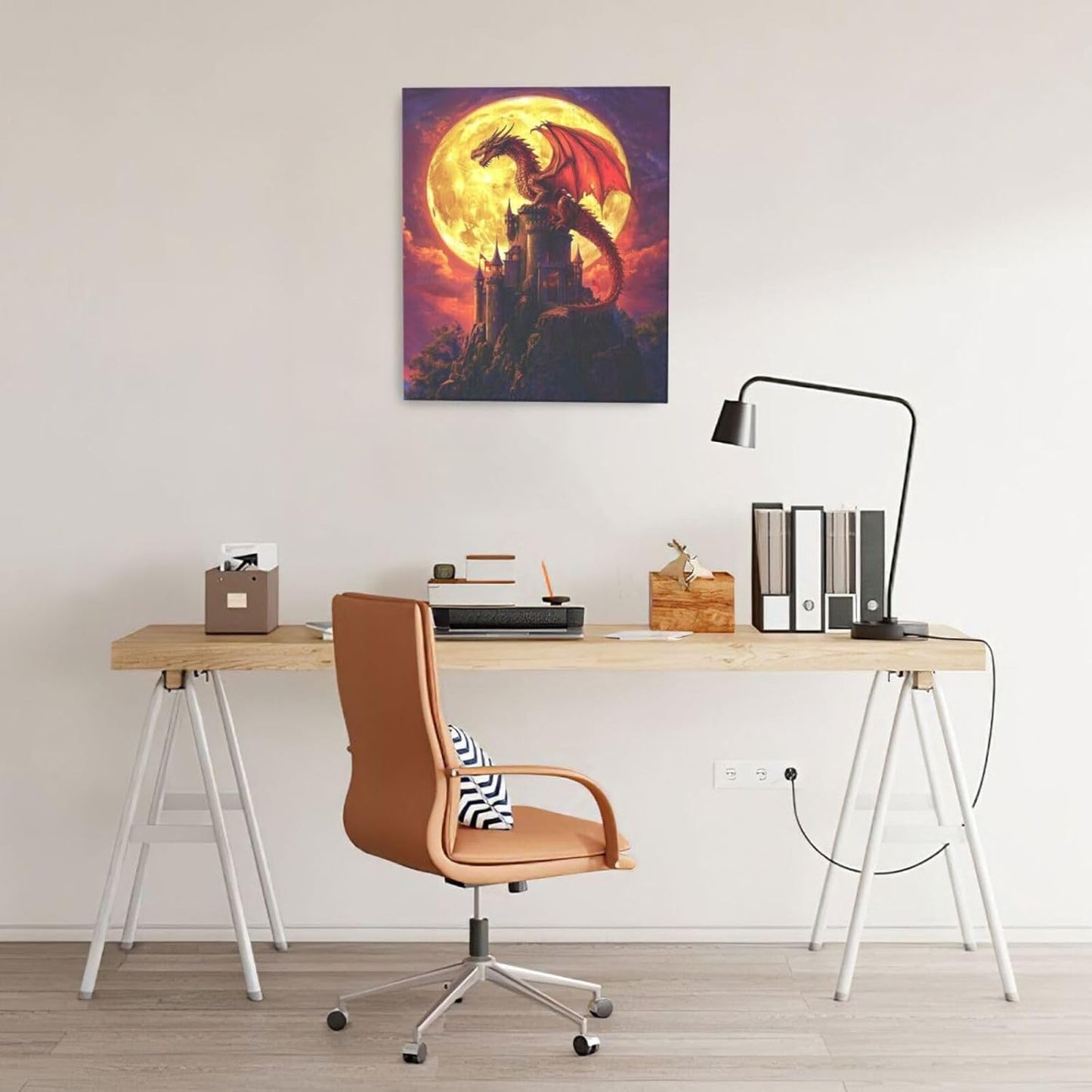 Dragon Bathroom Pictures Wall Art, Red Dragon Castle Bathroom Wall Decor, Framed Painting Canvas Artwork for Bedroom Living Room Decorations 24"L x 20"W