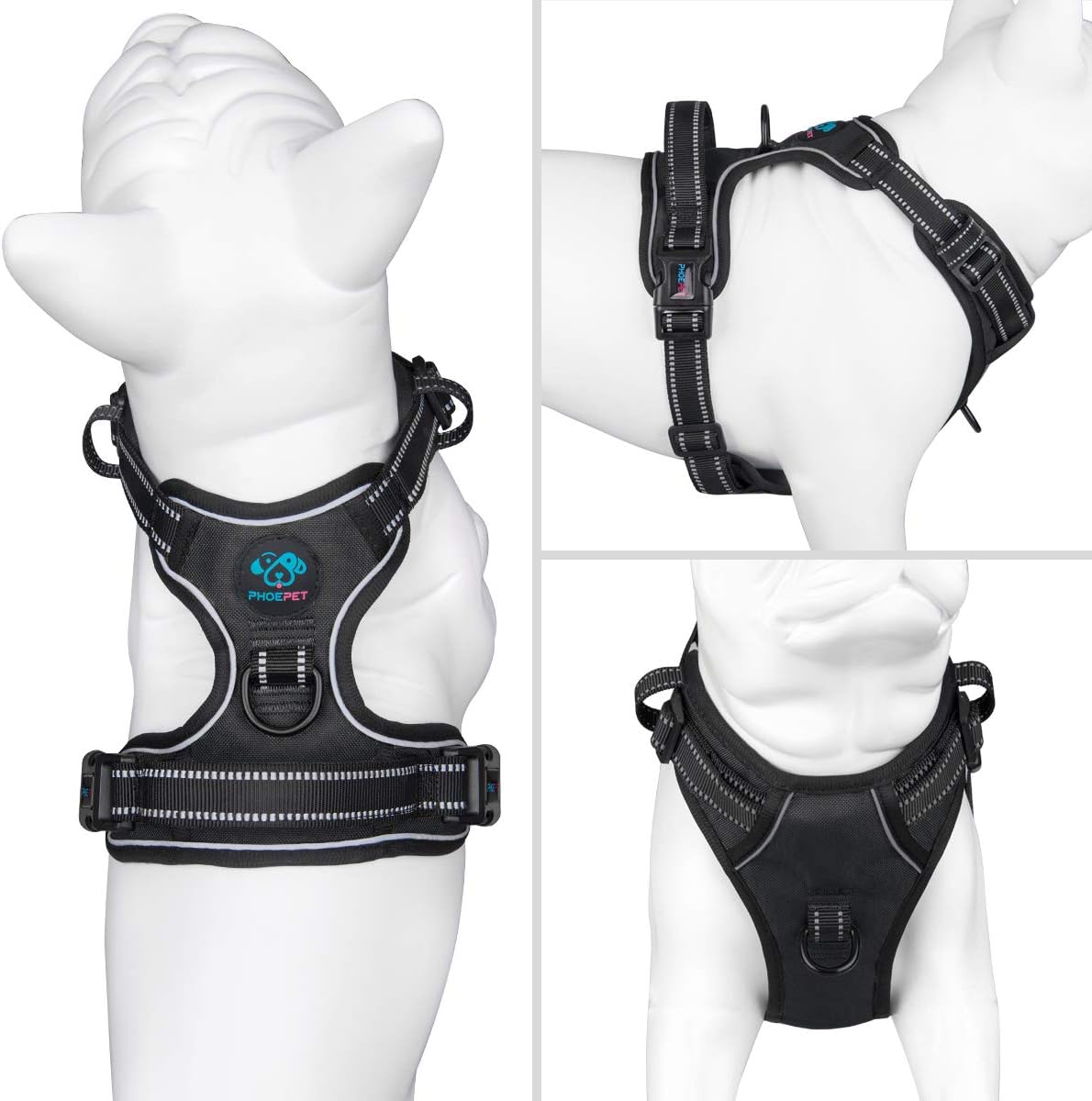 PHOEPET No Pull Dog Harnesses for Small Puppies Reflective Adjustable Front Clip Vest with 2 Metal Leash Attachment Hooks Soft Handle(XS, Black)