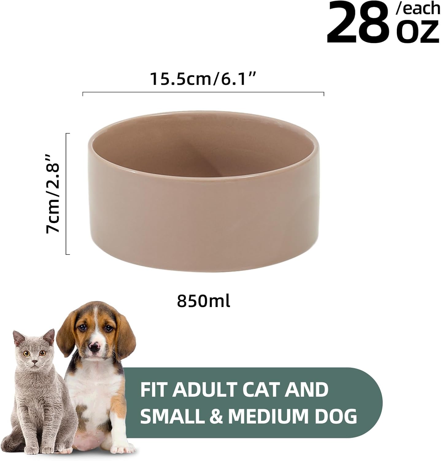 Ceramic 6.1inch Dog Bowls for Small and Medium Breed Dog Dish Pet Food and Water Bowl (Set of 2 Bowls - Dark Green, 28oz)