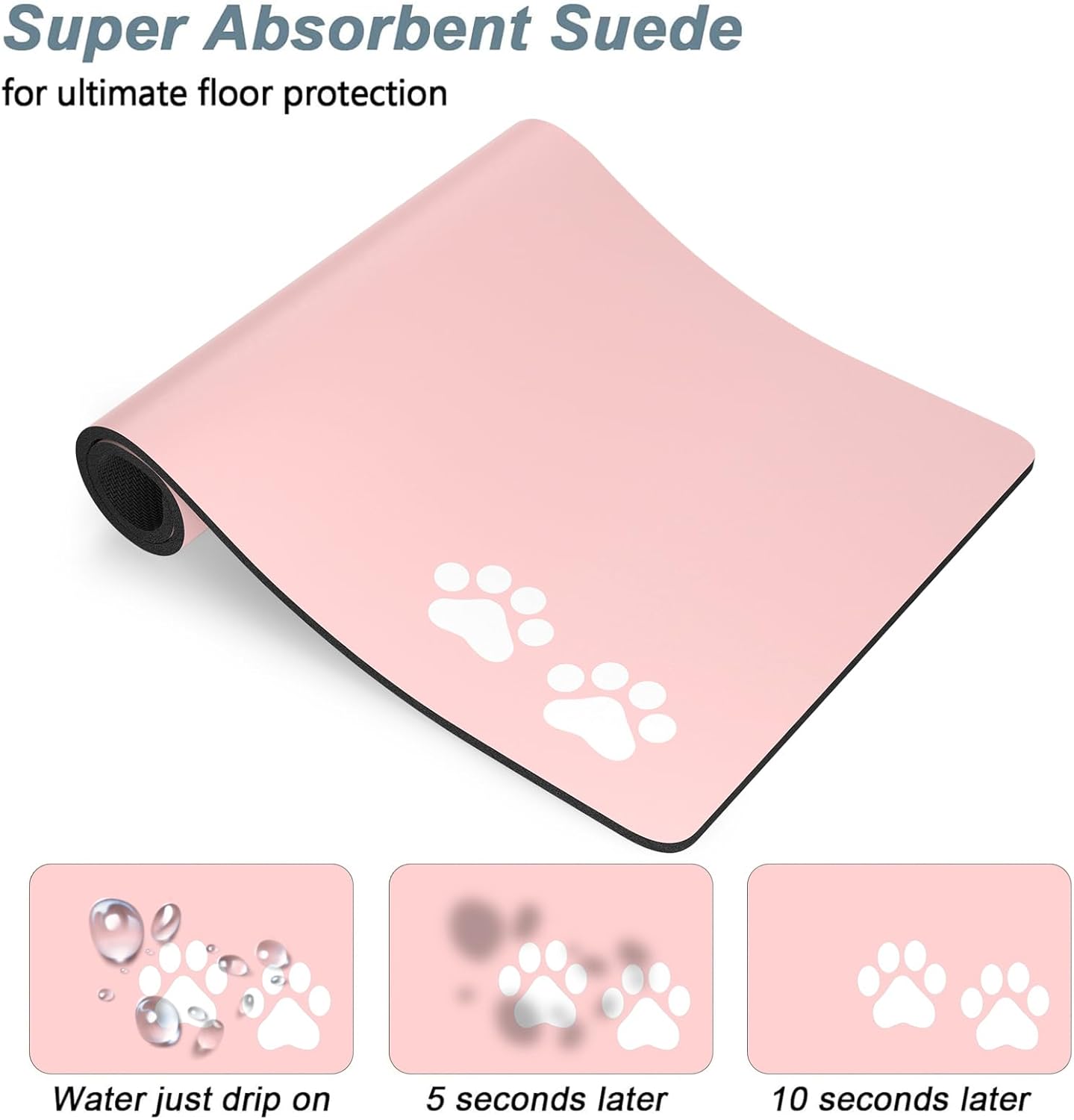 Rnivvi Dog Food Mat, 16" x 24" Footprint Absorbent Dog Cat Bowl Mat for Food and Water, Cute Anti-Slip Rubber Pet Feeding Rug Protect Floors, Puppy Placemat for Feeding & Watering Supplies, Pink