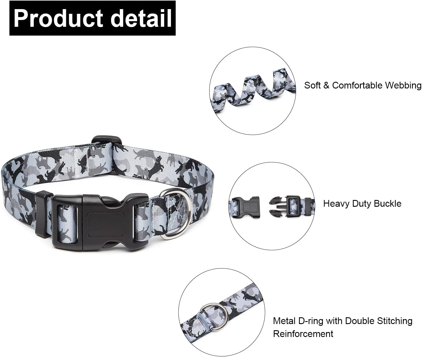 Mercano Adjustable Dog Collar - Special Design Patterns, Soft Nylon Comfortable Sturdy Pet Collar for Small Medium Large Dogs (M, Dog Camouflage Grey)