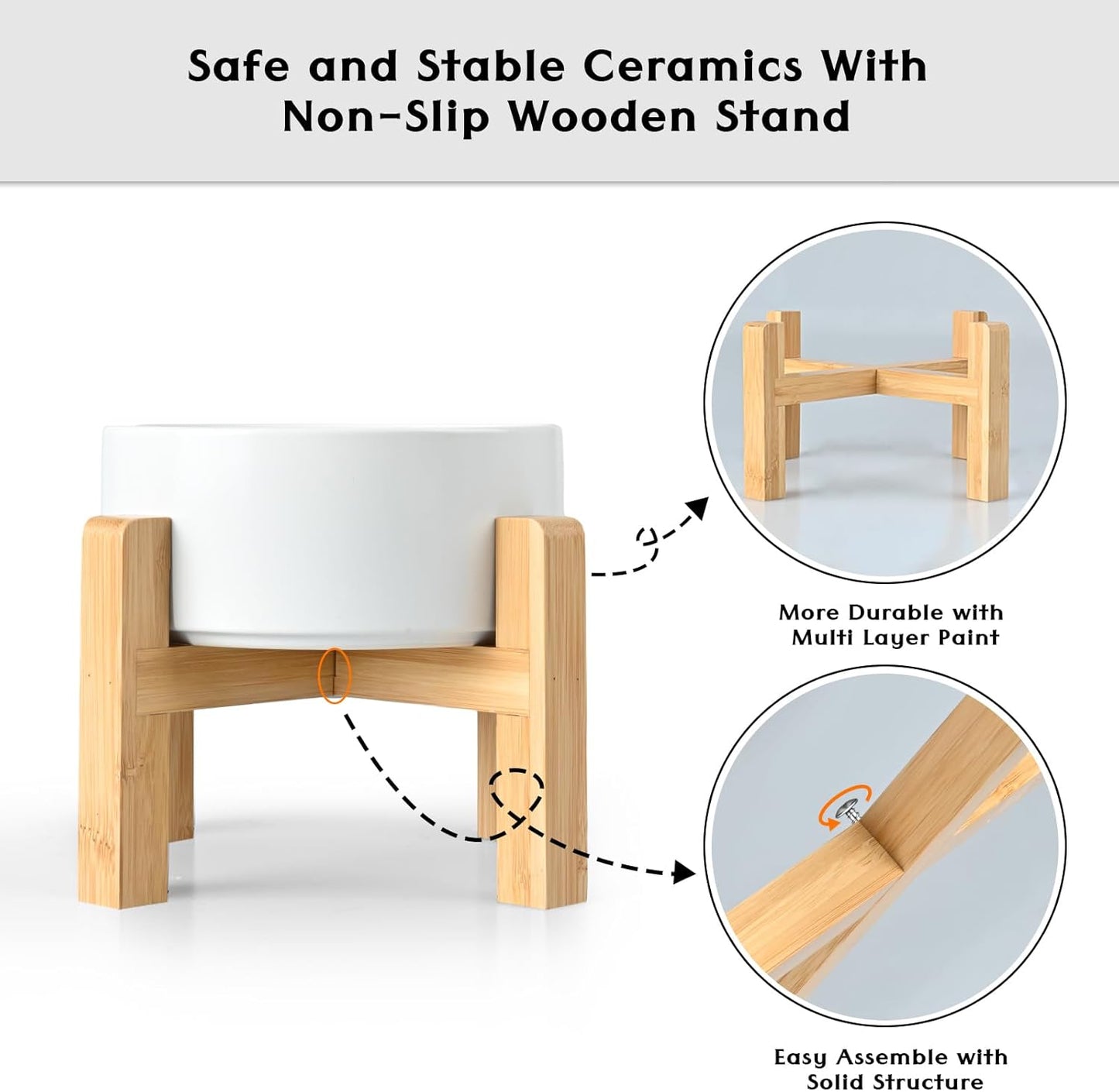 SPUNKYJUNKY Ceramic Elevated Dog Bowls 2 Pack - 5.1inch Raised Dog Bowls with Non-Slip Wooden Stand for Small Dogs Dishwasher Safe(White,13.5OZ*2)
