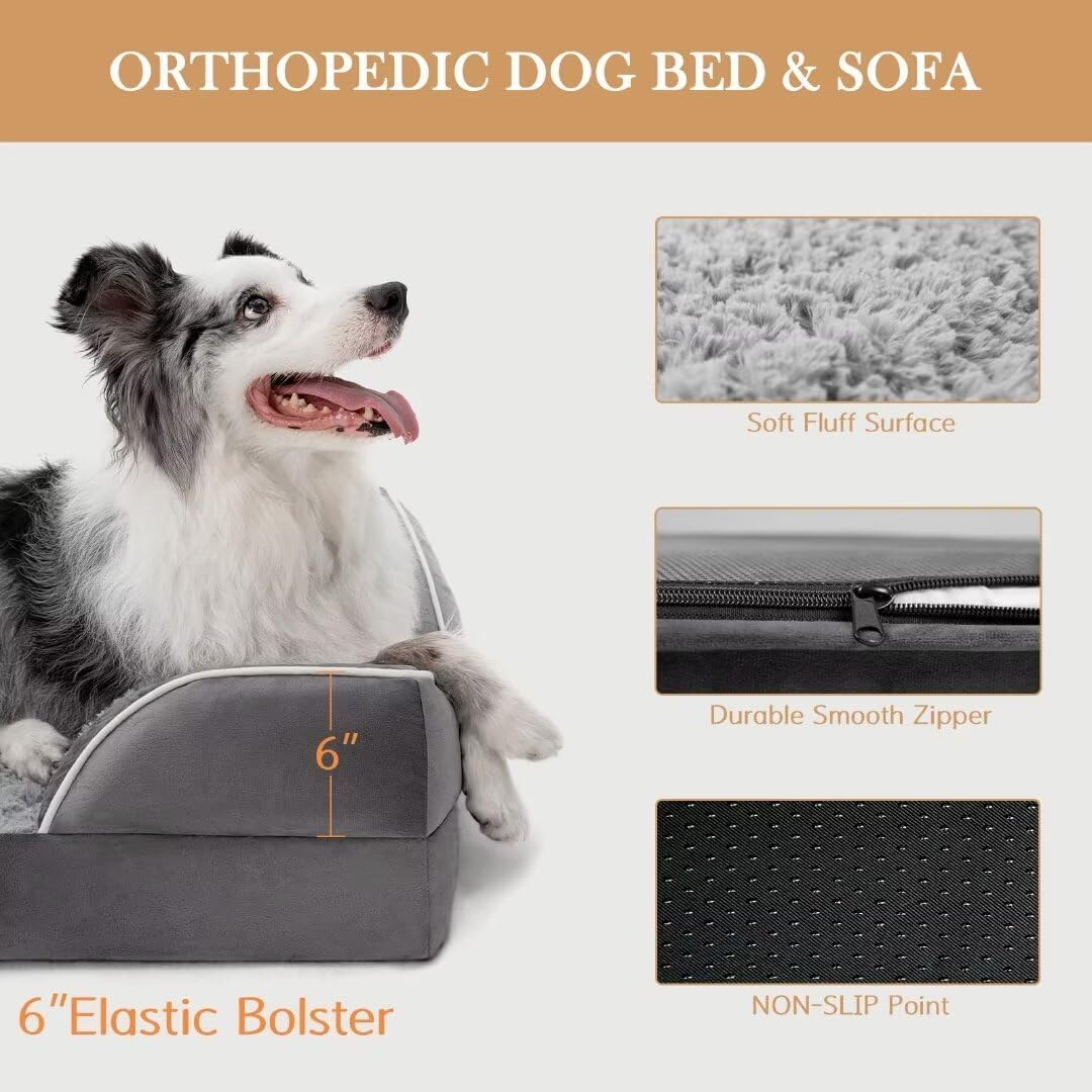 Comfort Expression Orthopedic Memory Foam Dog Beds for Giant Dogs, XXL Dogs Beds Washable, Waterproof Dog Beds with Bolster & Removable Cover(XX-Large,Silver Grey)