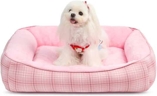 MIHIKK Rectangle Dog Beds for Small Medium Dogs & Cats, Orthopedic Sleeping Pet Bed for Couch with Durable Puppy Cuddler and Anti-Slip Bottom Machine Washable 25 * 21 Inch (Pink)