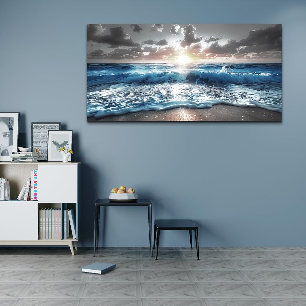 hyidecorart Blue Sea Waves Wall Pictures Framed Wall Art For Living Room Canvas Wall Decor For Office Sunshine Beach Painting Bedroom Home Decorations Prints Posters Mural Artwork Ready To Hang