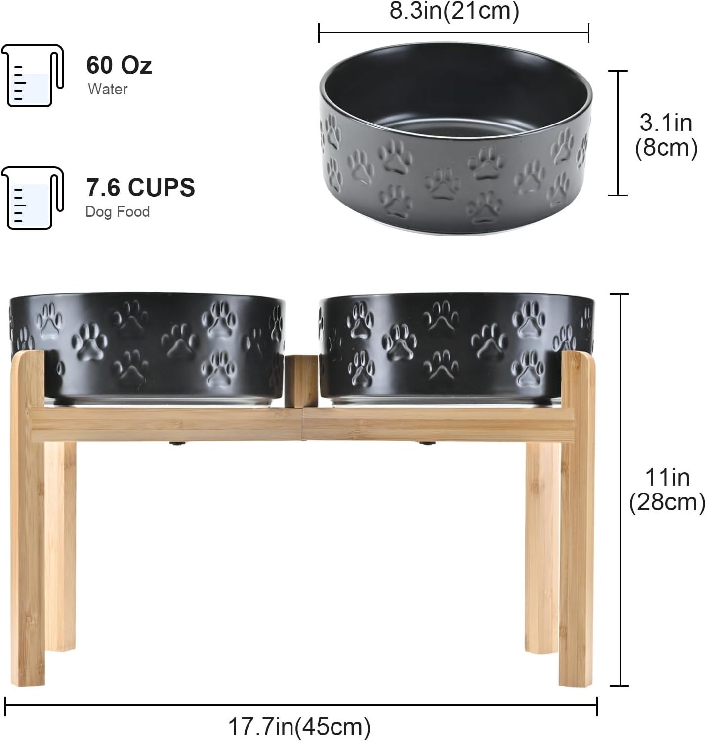 SPUNKYJUNKY Elevated Dog Bowls Ceramic, 8.3'' Dogs Food Water Bowls Raised with Non-Slip Bamboo Stand for Large Sized Breed Microwave Dishwasher Safe - 60 OZ,Paw Black