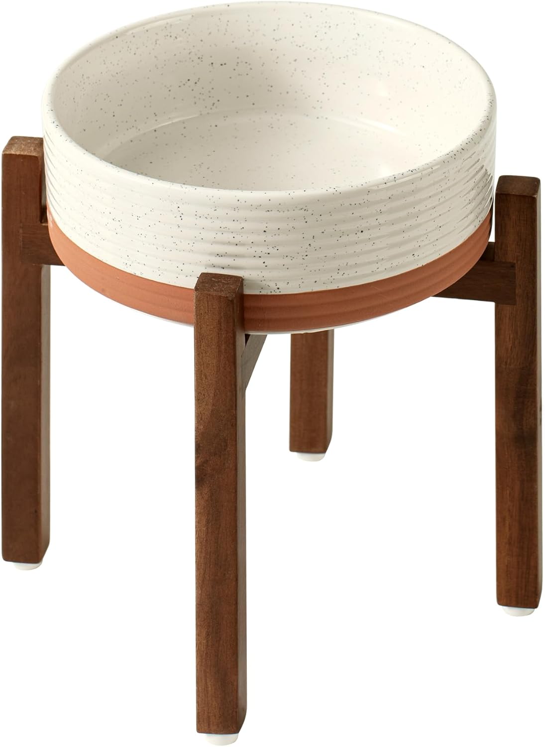 Ceramic 8.2inch Raised Dog Bowl Set, Elevated with Acacia Wood Stand, Food and Water Bowl for Large Breed Dogs, Weighted Pet Dishes(60oz, Vanilla White)