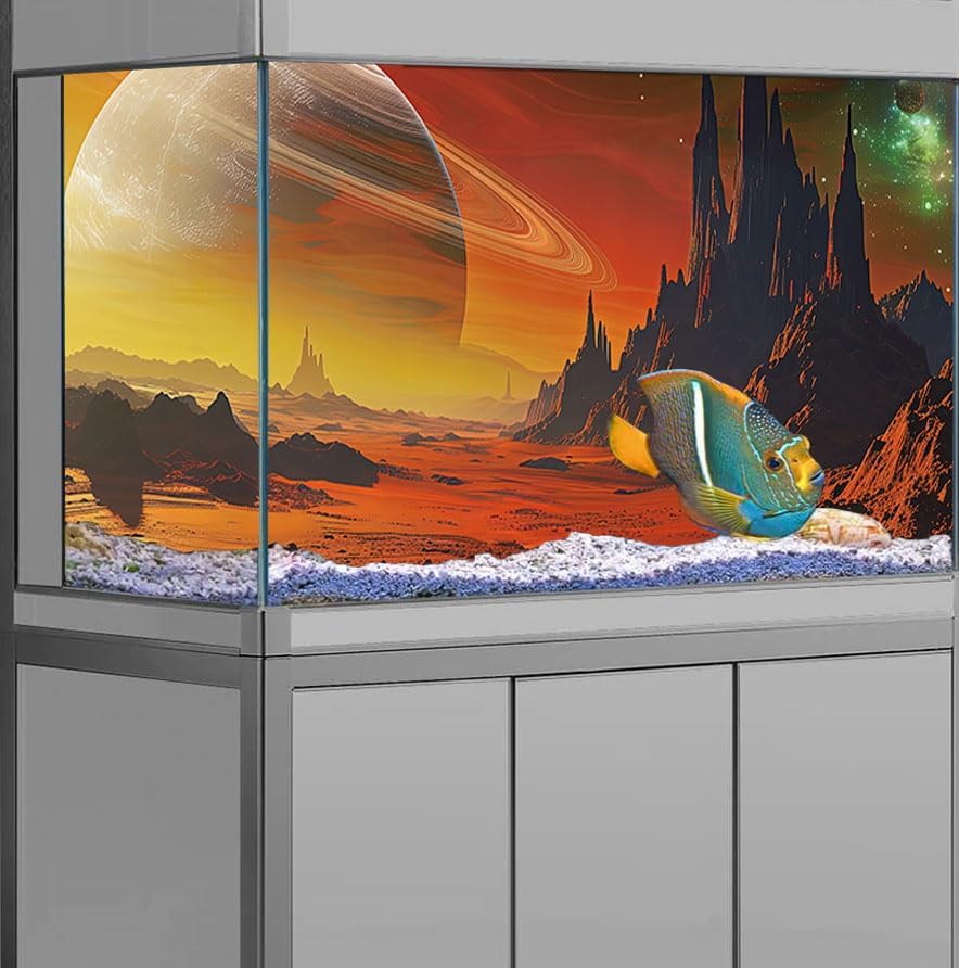 Cosmic Mars Aquarium Background,Galaxy Cool Parallel Space Themed Fish Tank Background, Tropical Desert Terrarium Background 36X18IN with 8 EVA Double-Sided Tape