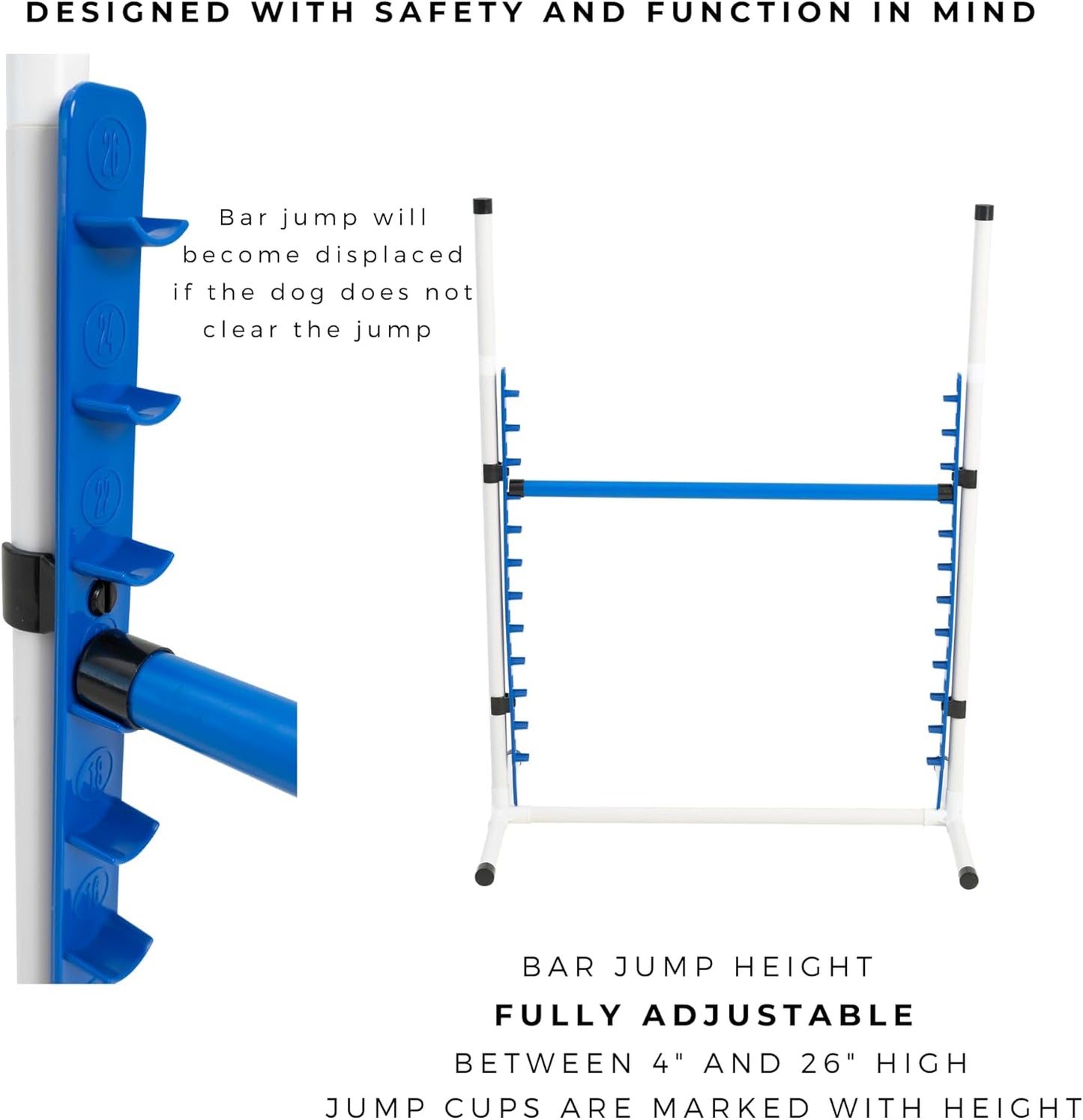 Better Sporting Dogs 4 Pack Adjustable Dog Agility Bar Jumps w/Cup Strips | Competition-Style Jump Cups for Height Class & Safe Displacement