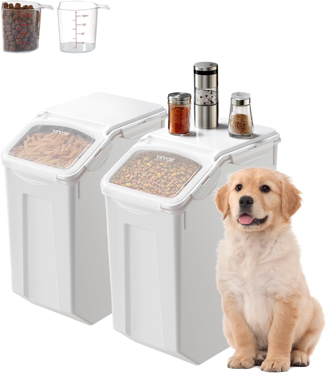 VEVOR Rice Storage Container, 4.5Gallon/20L x2 Capacity Large Dog Food Dispenser Bin, Kitchen Ingredient Grain Cereal Flour Bin, Pet food Containers with Wheels, 2 Measuring Cups, Airtight Lid, 2 Pack