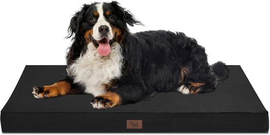 Outdoor Extra Large Dog Crate Bed, Big Waterproof Dog Bed for Large Dogs, Orthopedic Egg Foam Pet Bed Mat with Removable Cooling Cover, Black