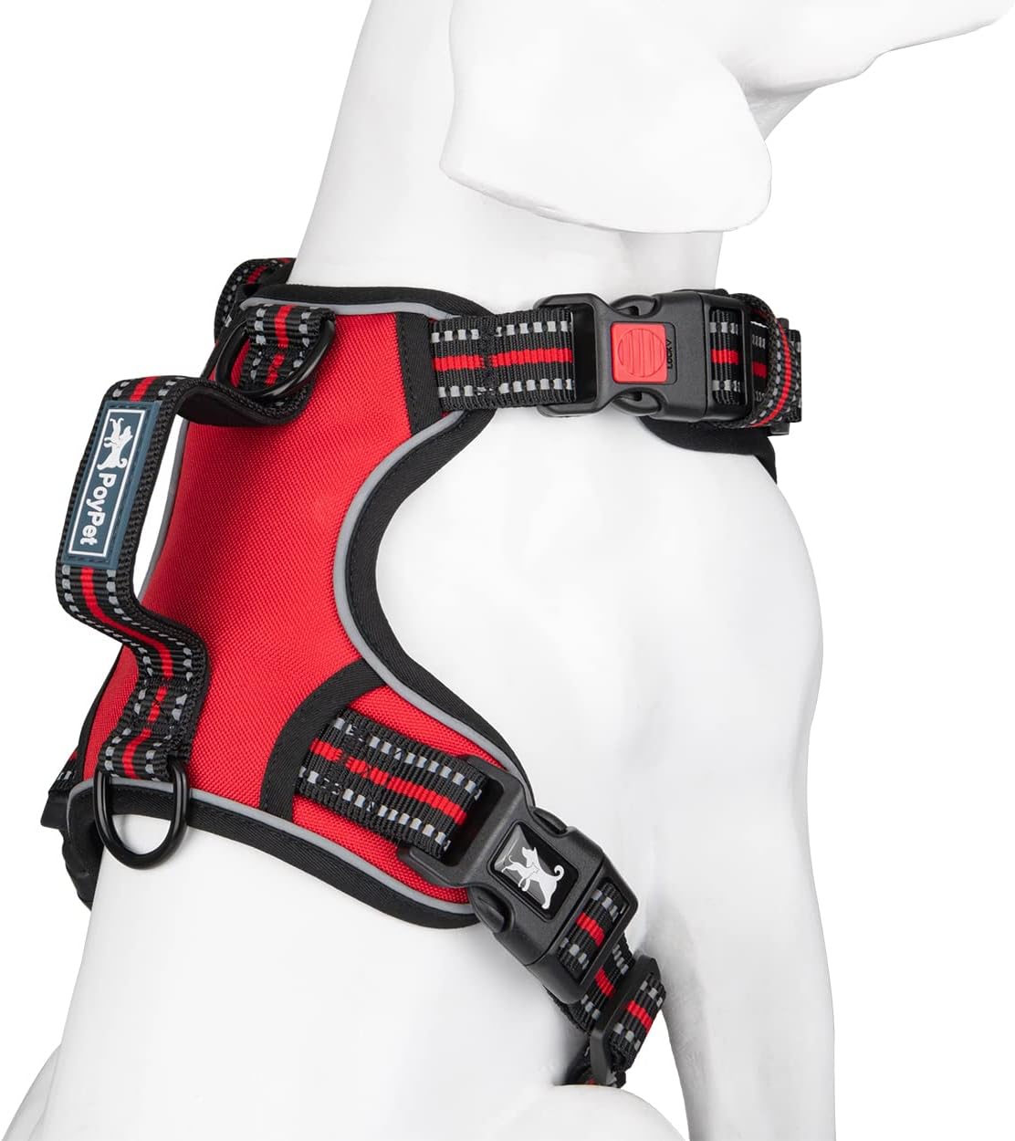 PoyPet No Pull Dog Harness, No Choke Front Clip Reflective Dog Vest with Soft Padded Vertical Handle, 3 Leash Attachments for Small Medium Large Dogs (Red,L)