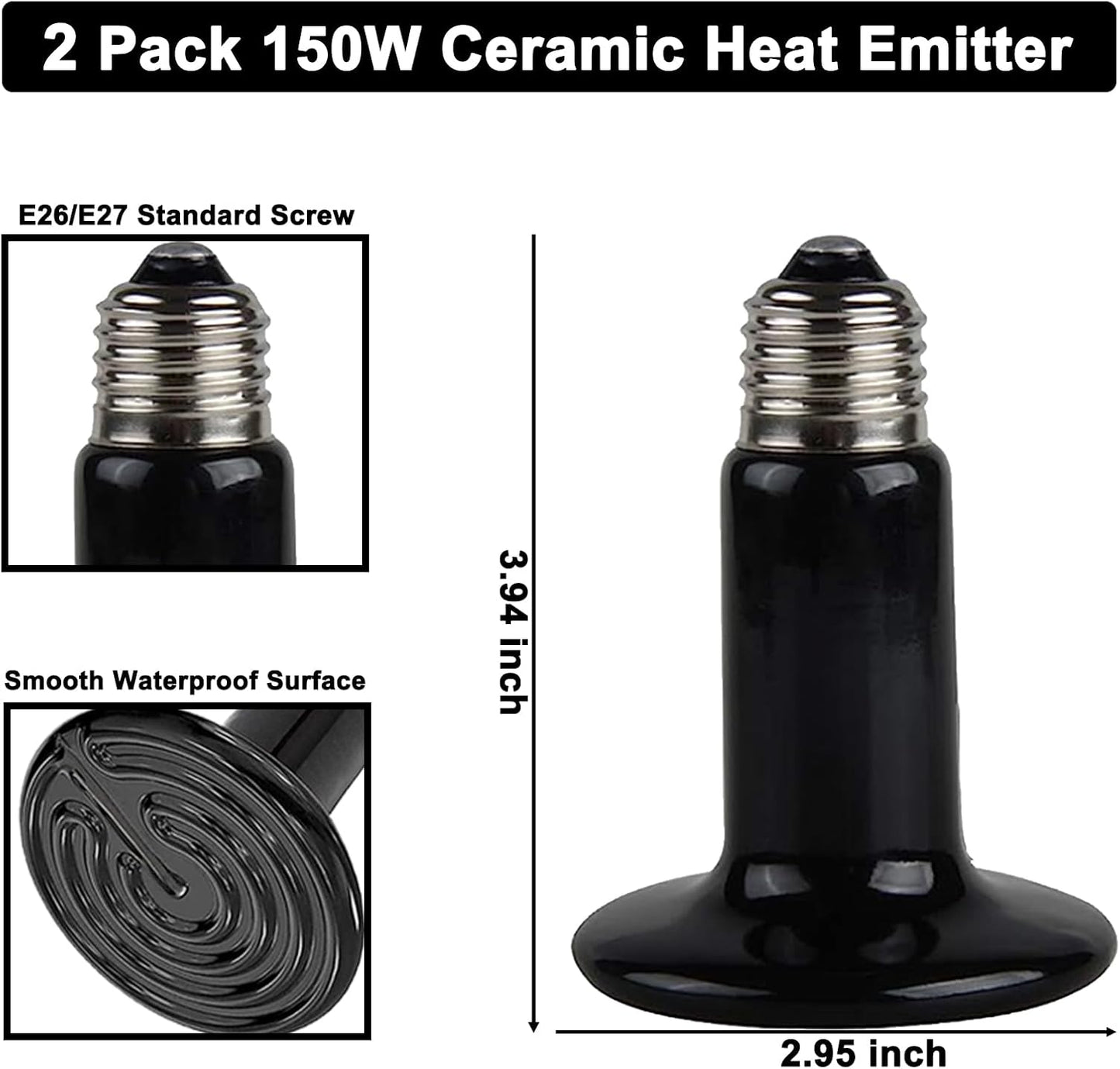 DXOPHIEX 15 inch Dual Reptile Light Fixture, Max 150W Reptile Heat Lamp with 2PCS 150W Ceramic Heat Emitter, Double Dome UVB Light Fixture for Terrarium and Tortoise Habitat